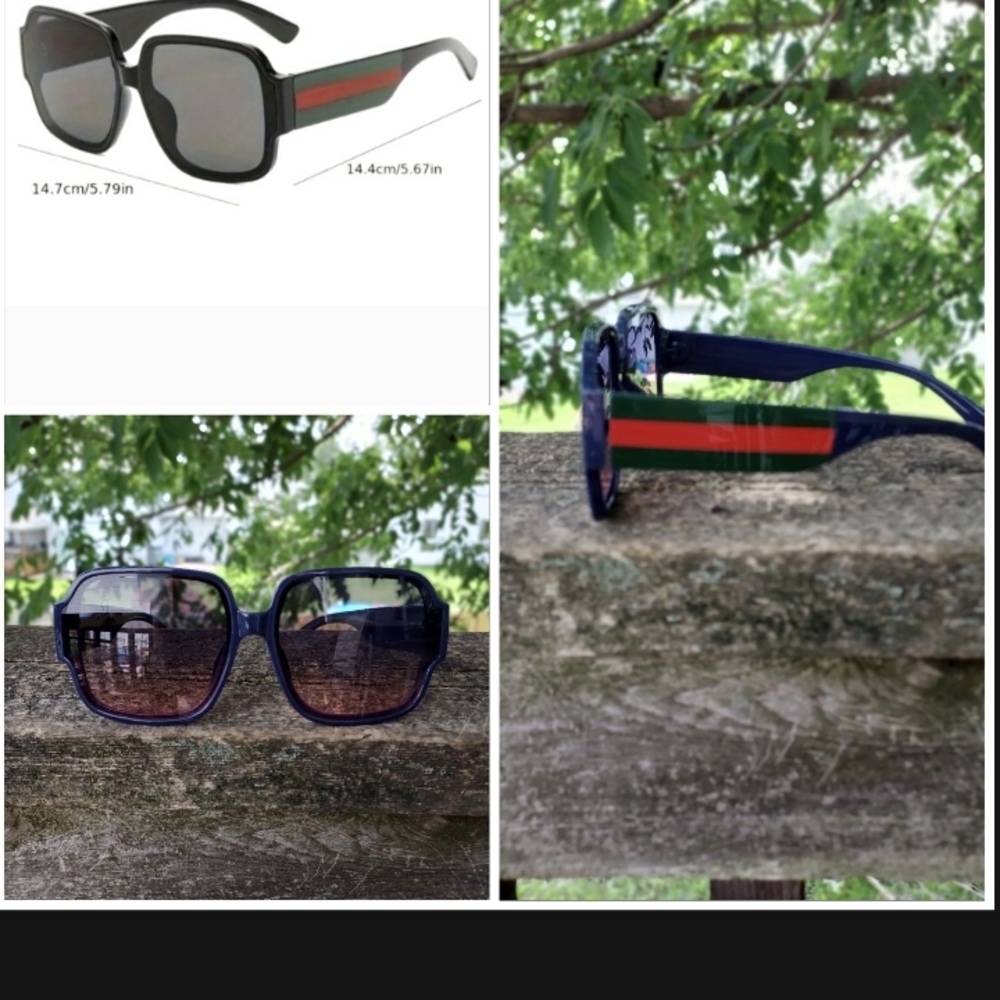 MEN'S Bold BLUE Sunglasses Oversized Italian Design w/ Red Green Stripes NEW